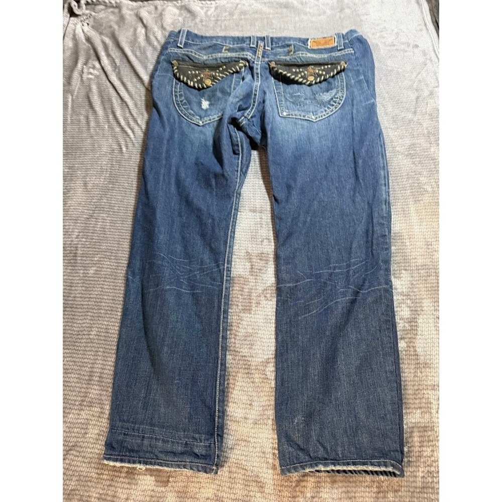 Robins Jean Mens Blue Denim Straight Leg Jeans Made in USA 38x30 Leather Trim